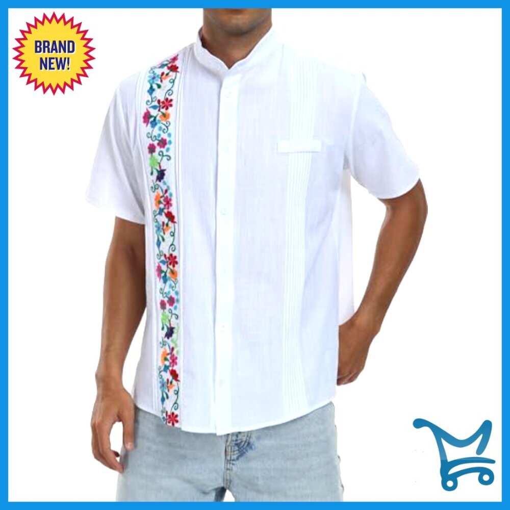 Men's Embroidered Cotton Cuban Shirt Summer Short Sleeve Button Down - Picture 7 of 7